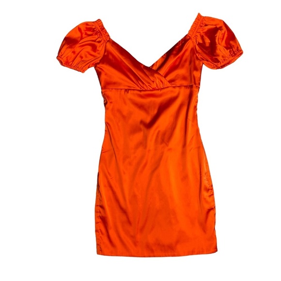 Oh Polly Infinite Love Puff Sleeve Satin Mini Dress Orange - Picture 3 of 5